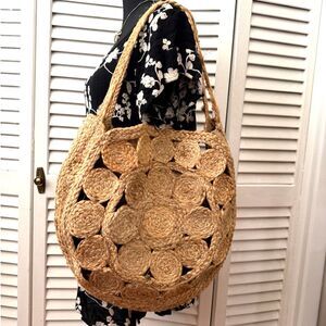 Mango Women's Large Round Seashell Woven Jute Tote Bag Boho Beach Coastal